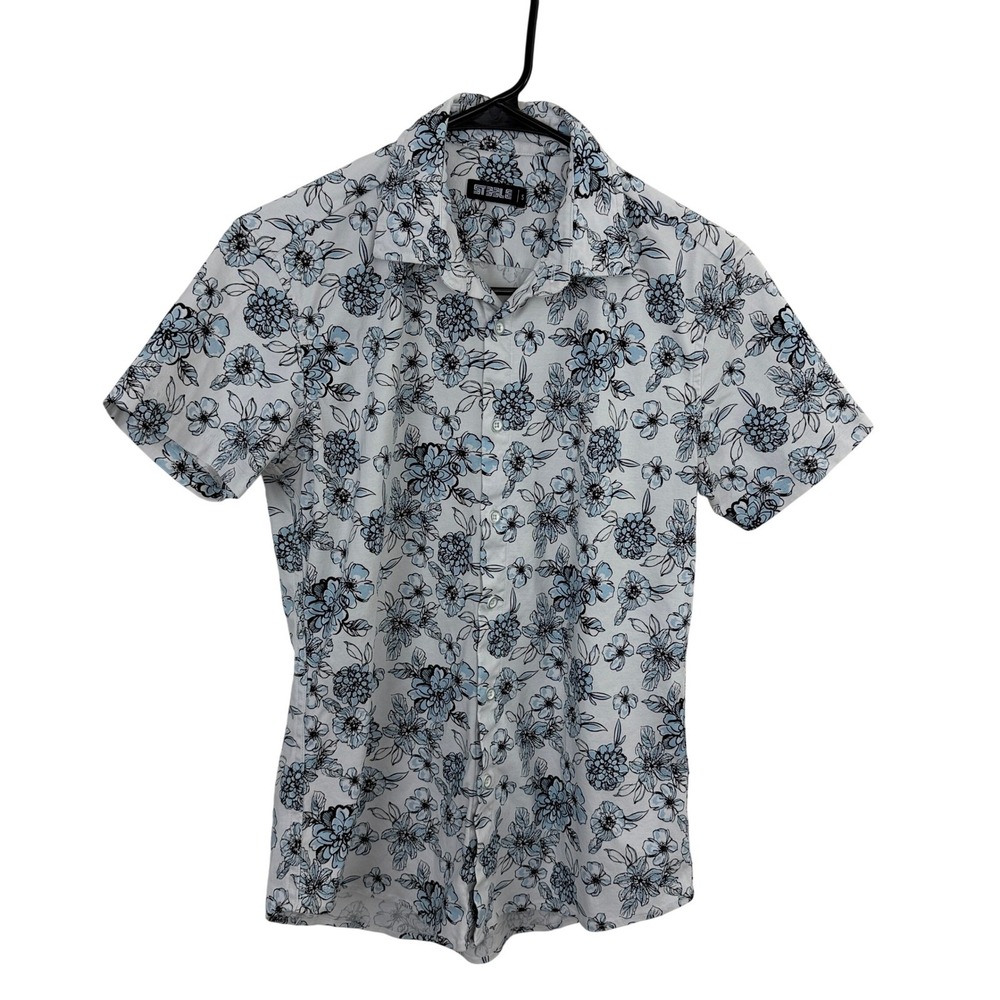 Steele Shirt Mens Small White Floral Print Short Sleeve Button Up Cotton Fitted
